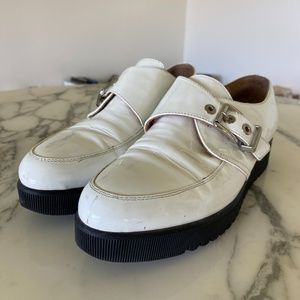 Aquatalia Patent white leather buckle loafers